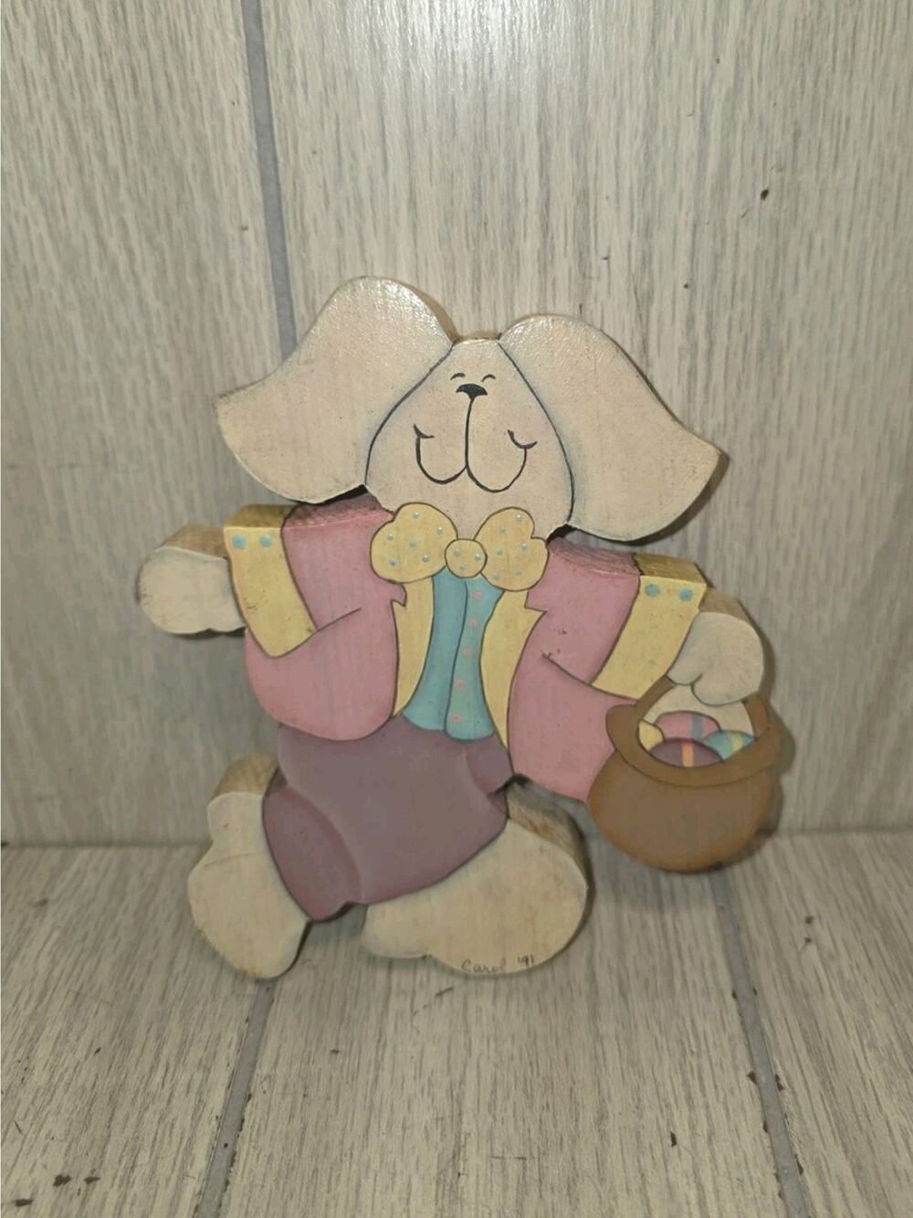 Vintage Wooden Hand Painted Easter Bunny Rabbit Standing Decor Basket Of Eggs